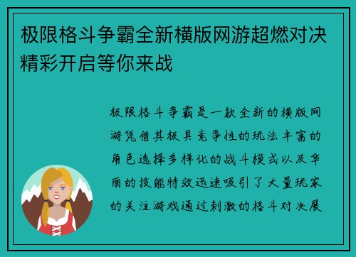 极限格斗争霸全新横版网游超燃对决精彩开启等你来战